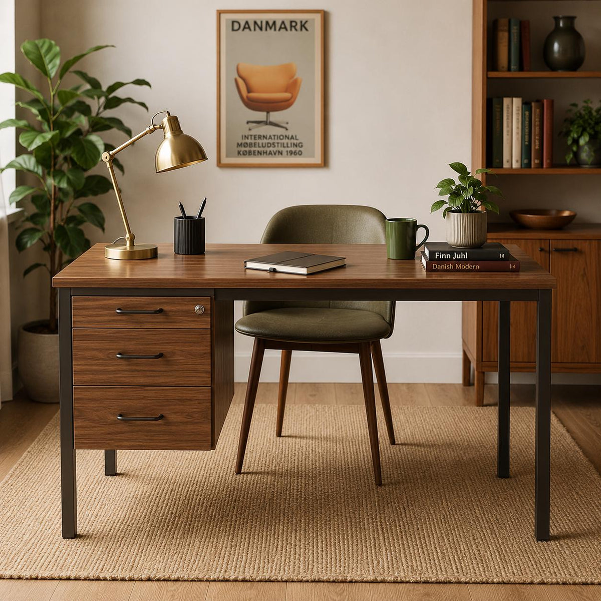 KGF Schreibtisch 90er Jahre | Vintage Bürotisch in Nussbaumoptik | Abschließbare Schubladen | Mid Century Stil