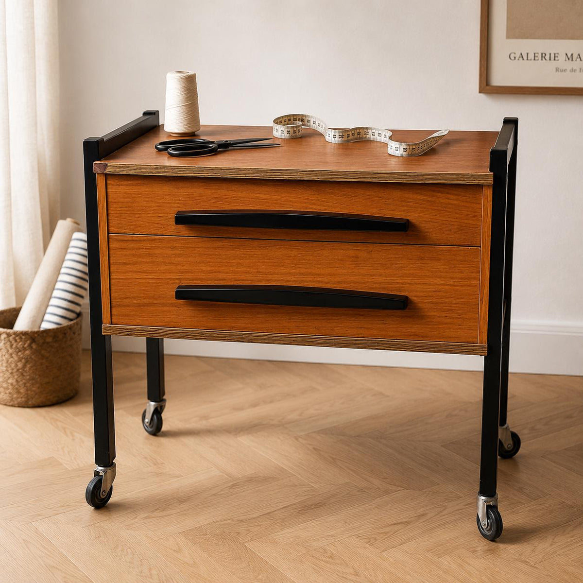 Vintage Nähkästchen auf Rollen – Mid Century Nähschrank aus Teakholz mit 2 Schubladen | 1960er Designklassiker