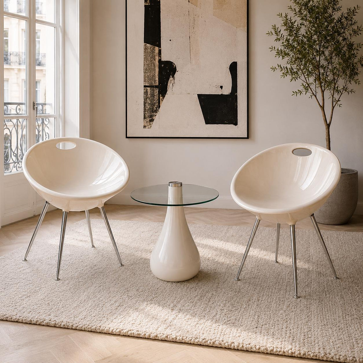2 Sintesi Orbit Large Style Sessel mit Glastisch | Italienisches Design | Space Age Lounge Set | 3-teiliges Design Ensemble