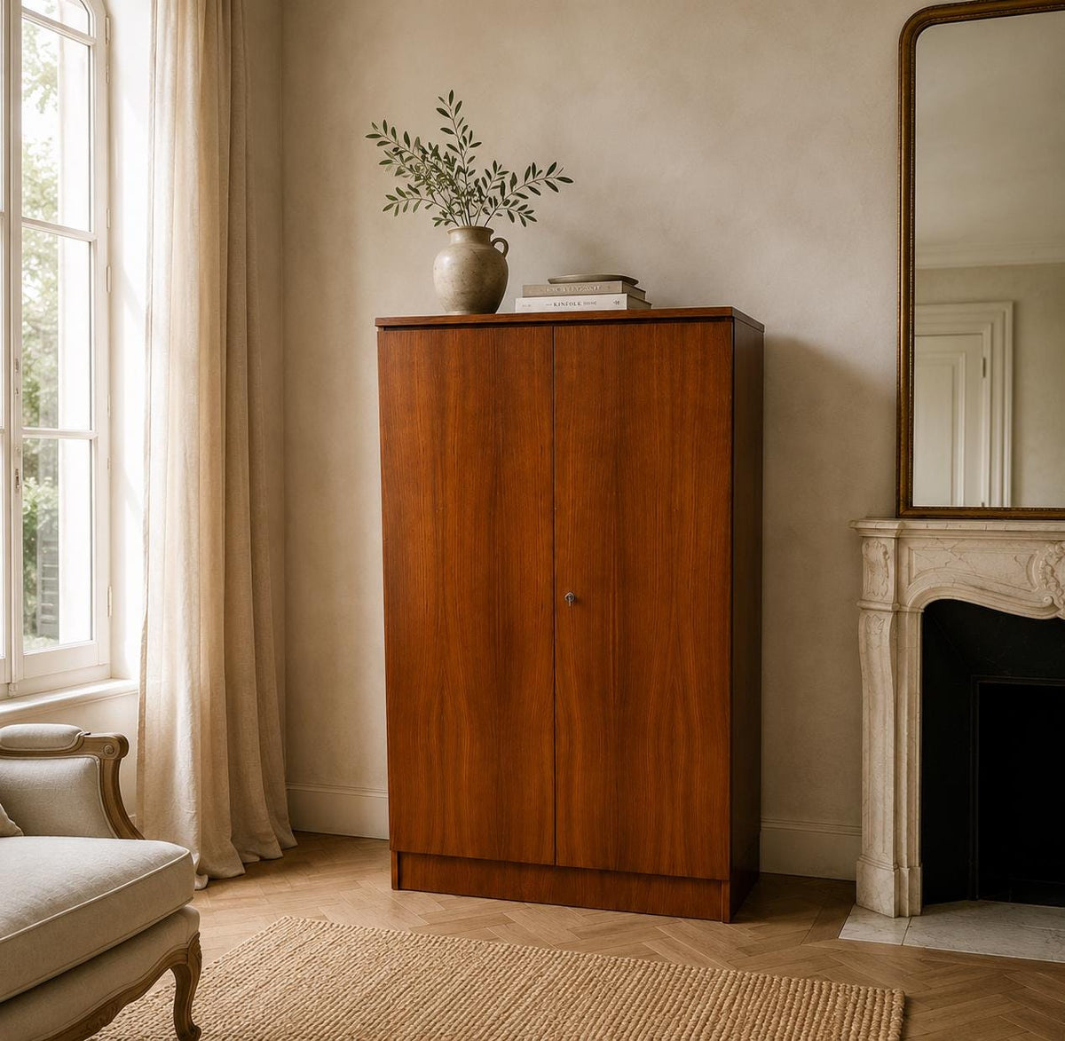 Mid Century Wäscheschrank/ Waffenschrank für 5 Langwaffen und verschiedene Accessoires im klassischen Design, ohne Schutzklasseneinstufung.