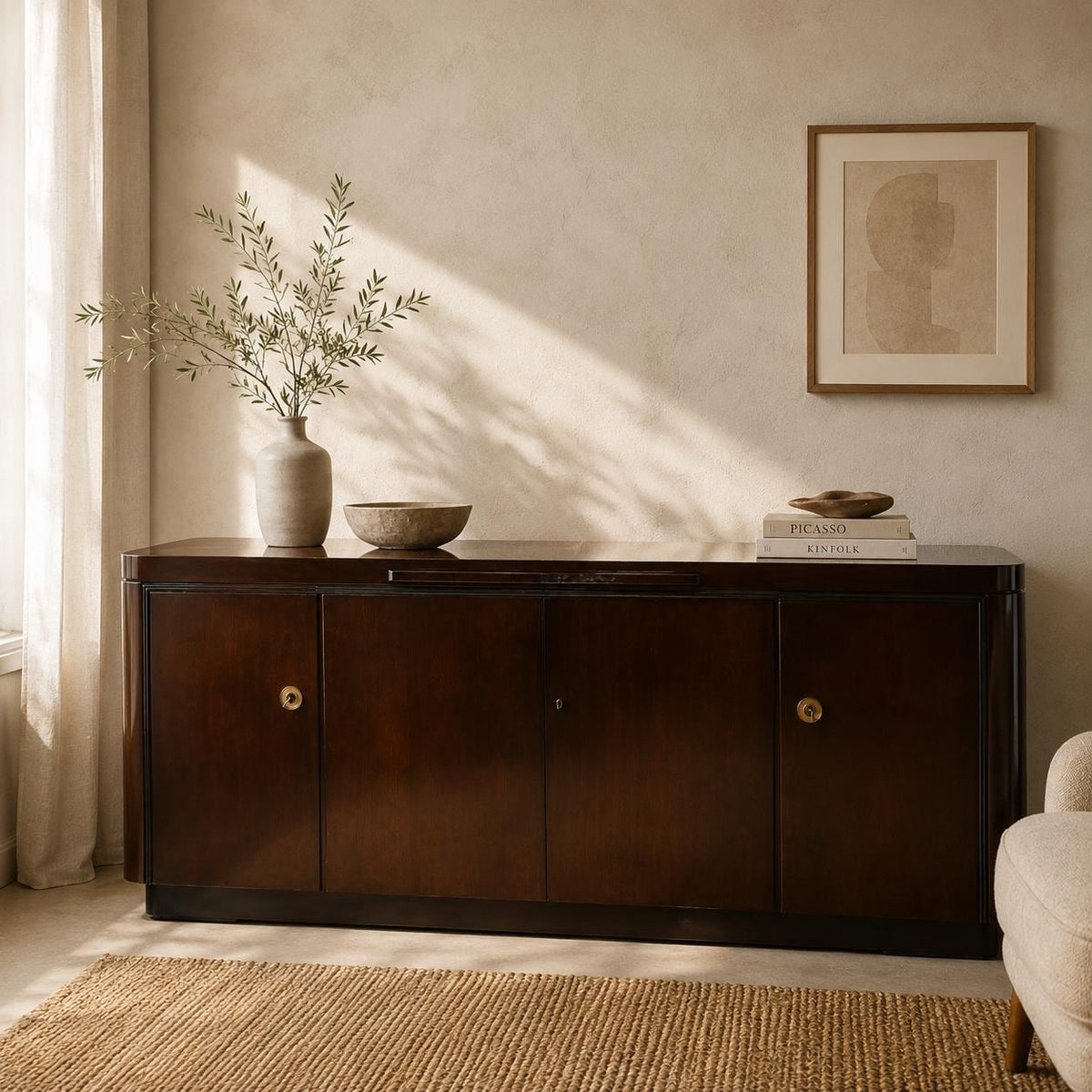 Großes Art Deco / Streamline Sideboard / Anrichte mit originaler Marmorplatte – ca. 1930–1950, im Stil der Deutschen Werkstätten