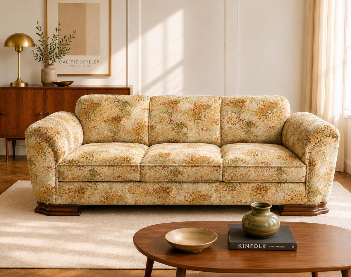 Art Déco Sofa 1930er Jahre Deutschland Vintage Dreisitzer Originalform mit floralem 1970er Jahre Bezug