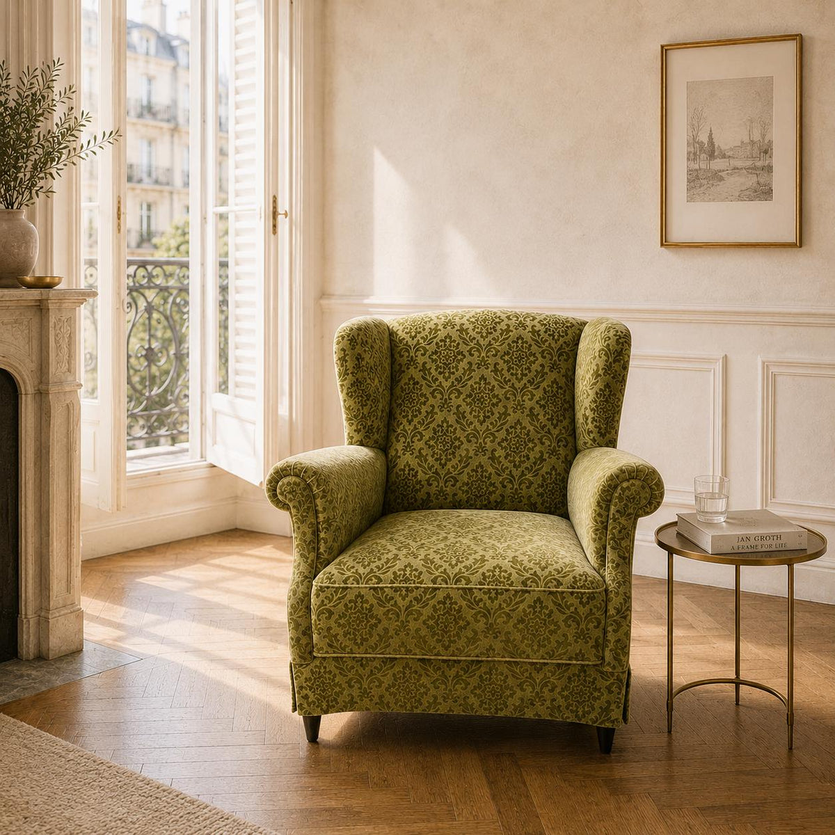 Dänischer Vintage Relax Sessel / Ohrensessel im Stile von Ilmari Lappalainen, aus grünem Samt, ca. 1950er.