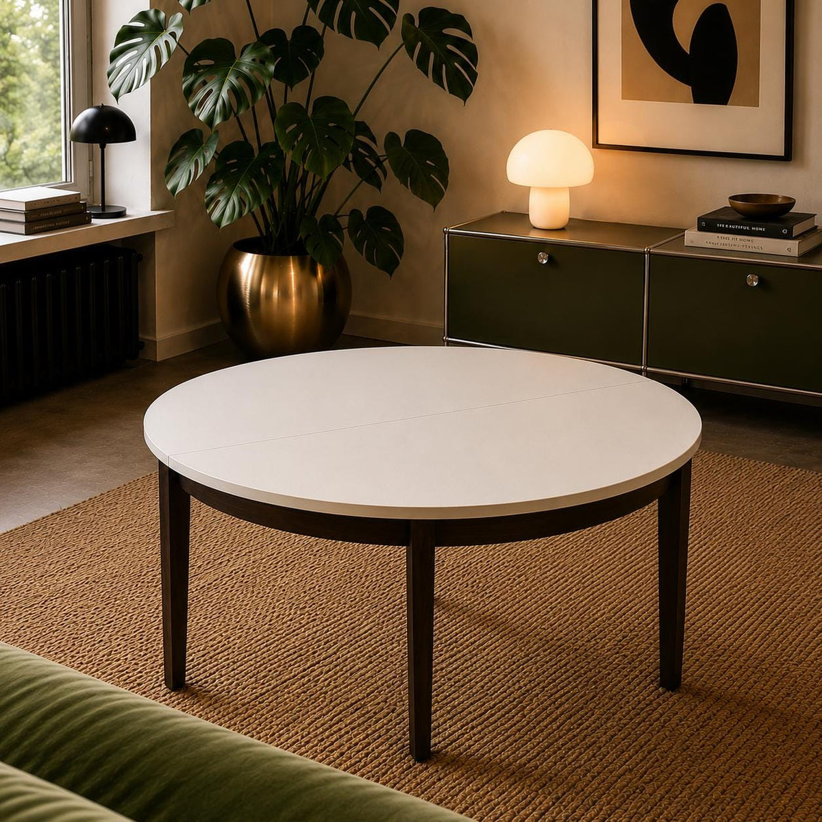Ausziehbarer Vintage Couchtisch Ø110–155 cm | Runder Design Couchtisch mit integriertem Einlegeboden - skandinavisches Design der 60er/70er