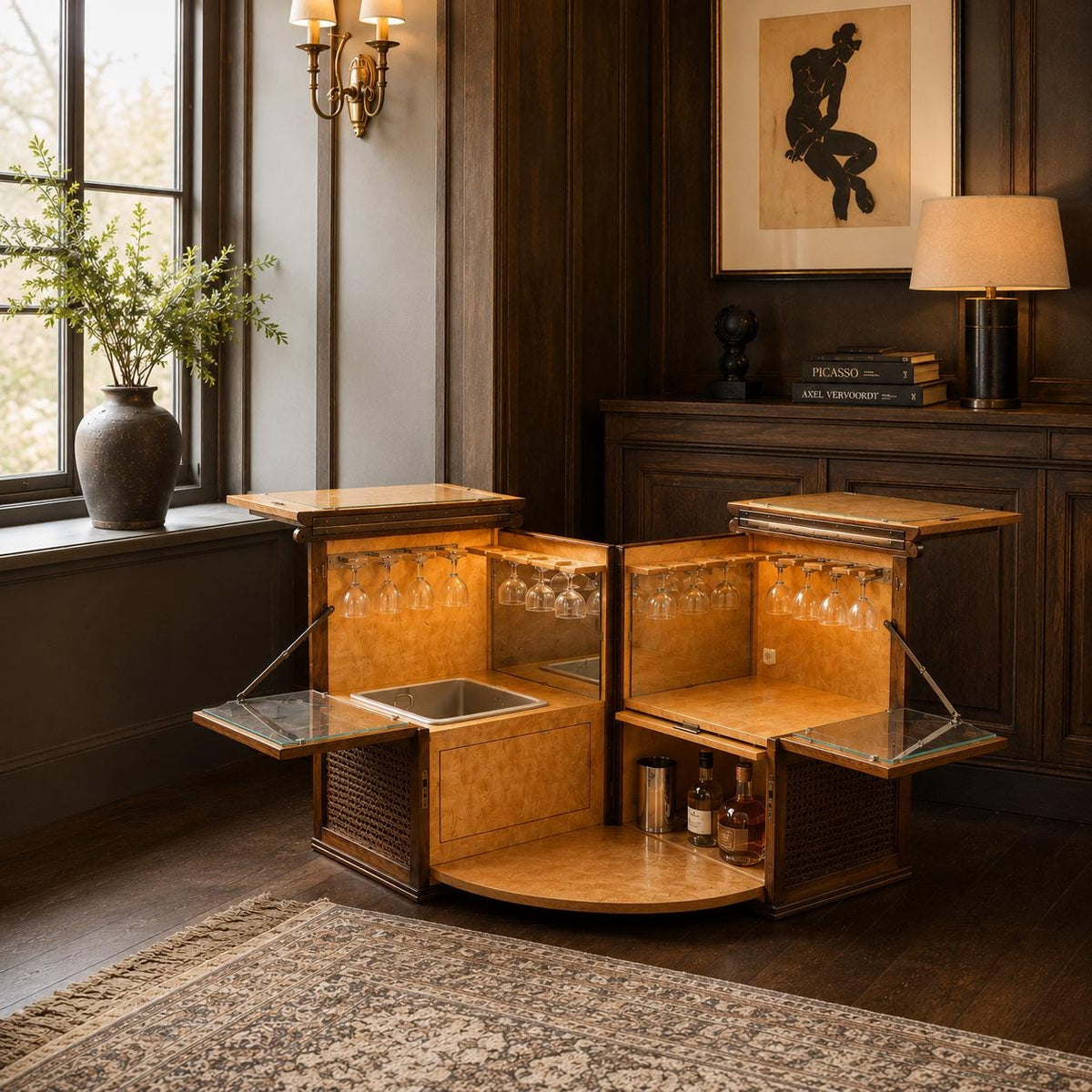 Seltener Luxus Mid Century Cocktail Barwagen 1950er – Exklusives Dry Bar Cabinet mit Vogelaugenahorn & Original Ausstattung