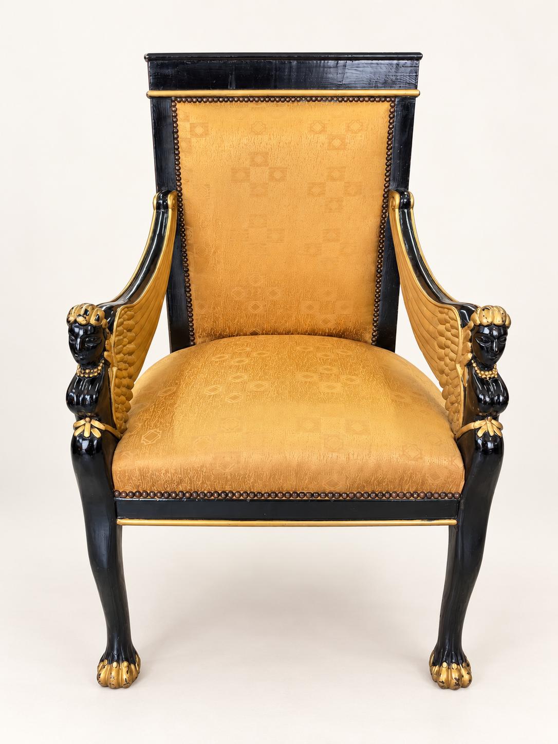 Vintage Sphinx-Sessel in Schwarz & Gold | Empire Revival Armlehnstuhl | Egyptian Revival Statement Chair