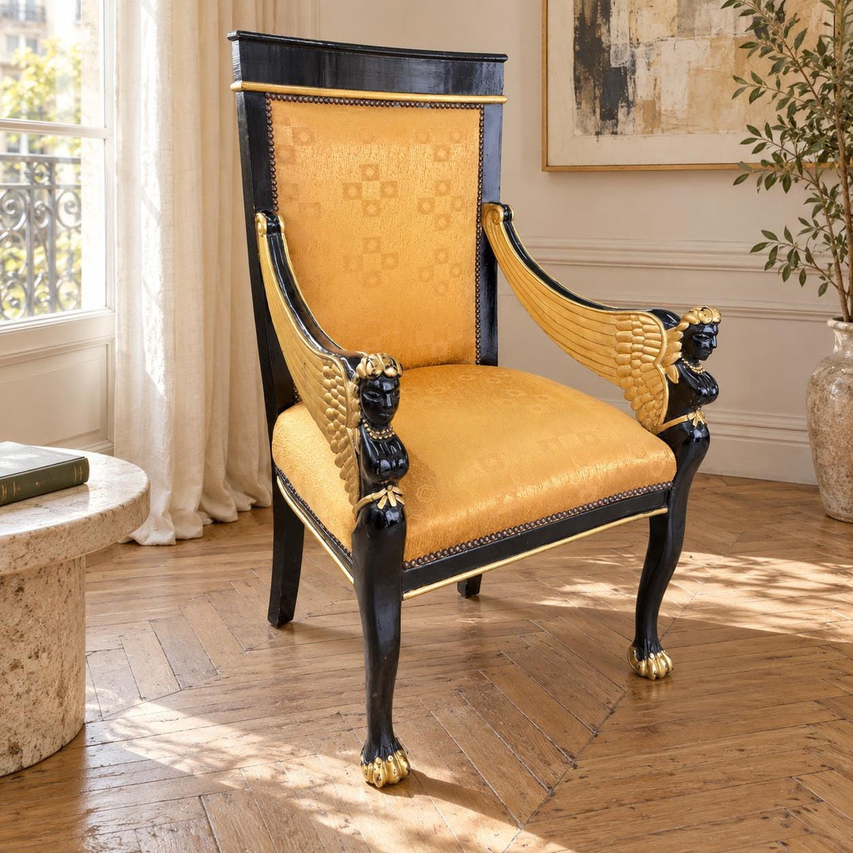 Vintage Sphinx-Sessel in Schwarz & Gold | Empire Revival Armlehnstuhl | Egyptian Revival Statement Chair