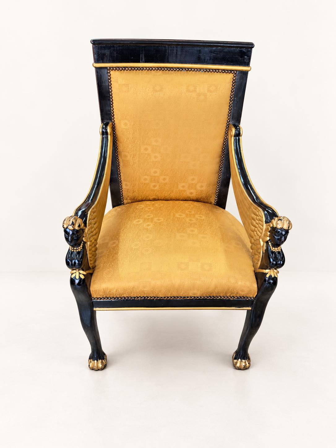 Vintage Sphinx-Sessel in Schwarz & Gold | Empire Revival Armlehnstuhl | Egyptian Revival Statement Chair