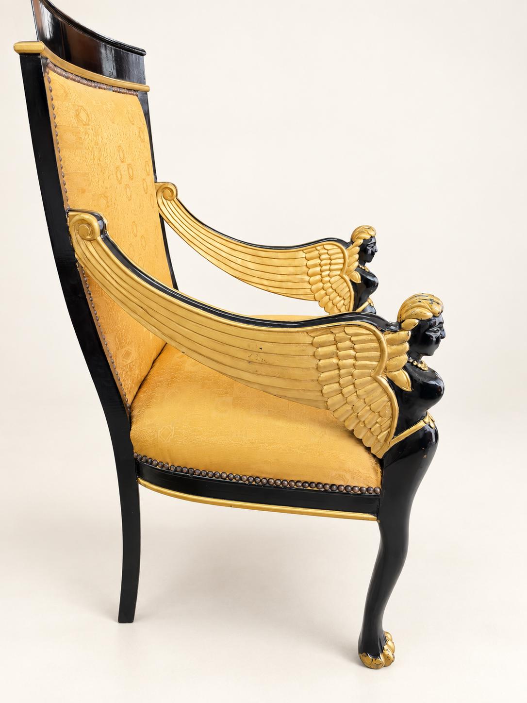 Vintage Sphinx-Sessel in Schwarz & Gold | Empire Revival Armlehnstuhl | Egyptian Revival Statement Chair
