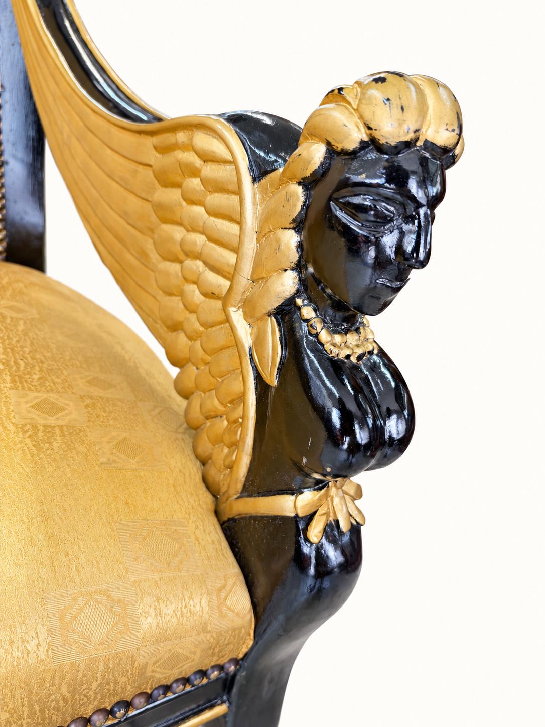 Vintage Sphinx-Sessel in Schwarz & Gold | Empire Revival Armlehnstuhl | Egyptian Revival Statement Chair